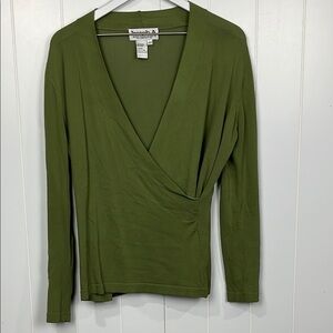 Joseph A. Womens Faux Wrap Sweater L Green Lightweight Side Ruching Classy Chic